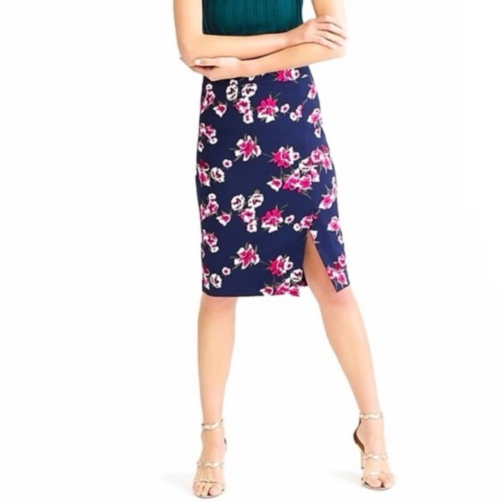 J. Crew Factory Floral Navy Pencil Skirt with Side Slit